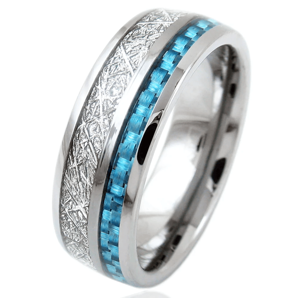 Sky Blue Carbon Fiber Tungsten Carbide Wedding Band Ring for Men & Women – Black & Silver Meteorite Inlay - Jewelry Store by Erik Rayo