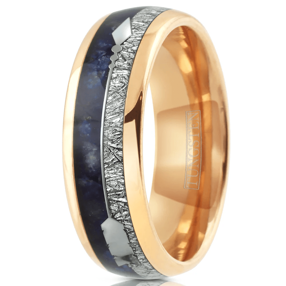 Unique Rose Gold Tungsten Carbide Wedding Band Ring for Men & Women – Speckled Blue Lapis Lazuli & Silver Meteorite Inlays - Jewelry Store by Erik Rayo