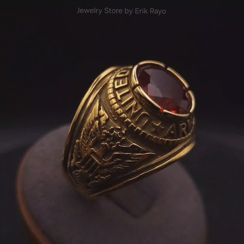 US Army Ring for Men and Women Unisex Stainless Steel Military Patriotic Ring in Gold with Red Stone Rock