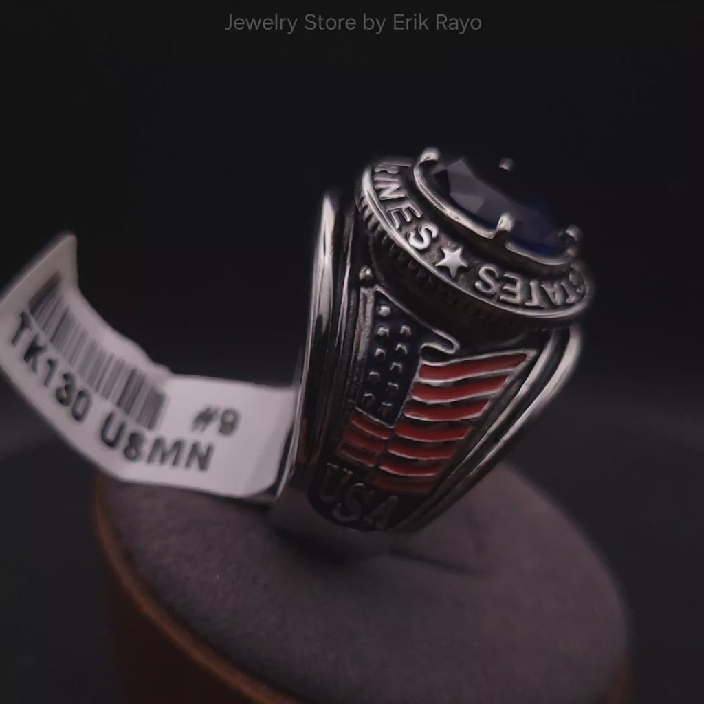 US Marines Ring for Men and Women Unisex Stainless Steel Military Patriotic Ring in Silver with Blue Stone Rock