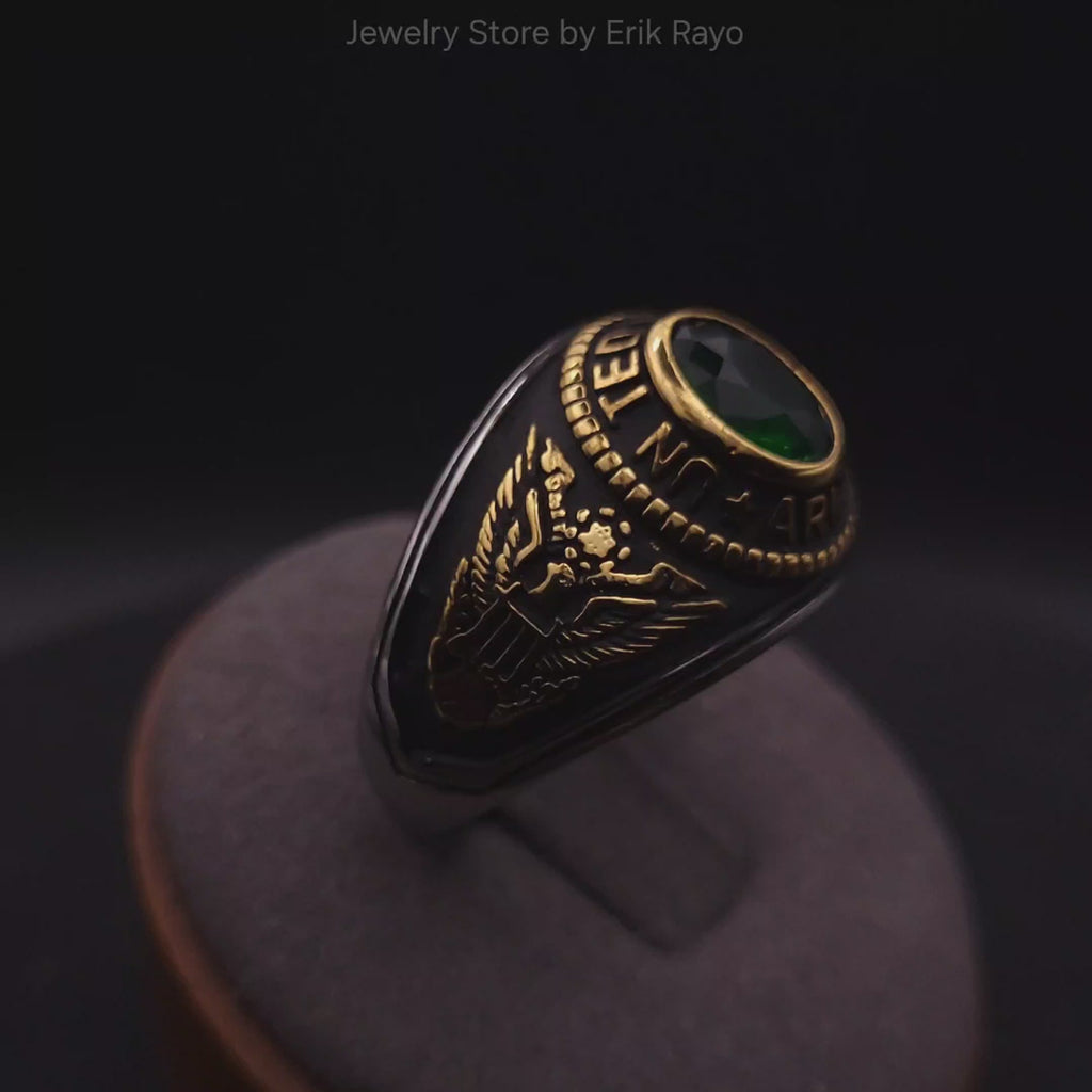Army Ring for Men and Women Unisex Stainless Steel Military Class Ring in Gold with Green Stone