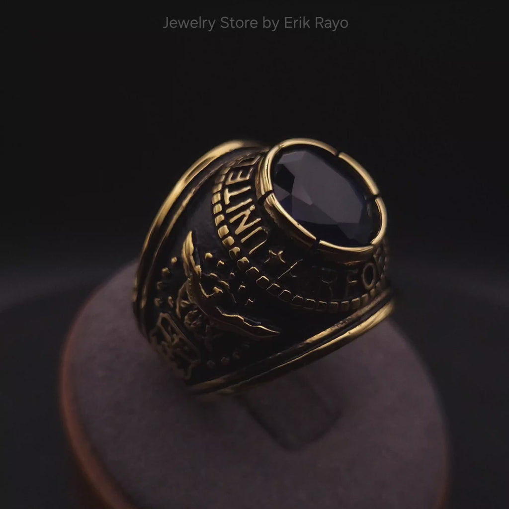 Air Force Ring for Men and Women Unisex Stainless Steel Military in Gold with Blue Stone