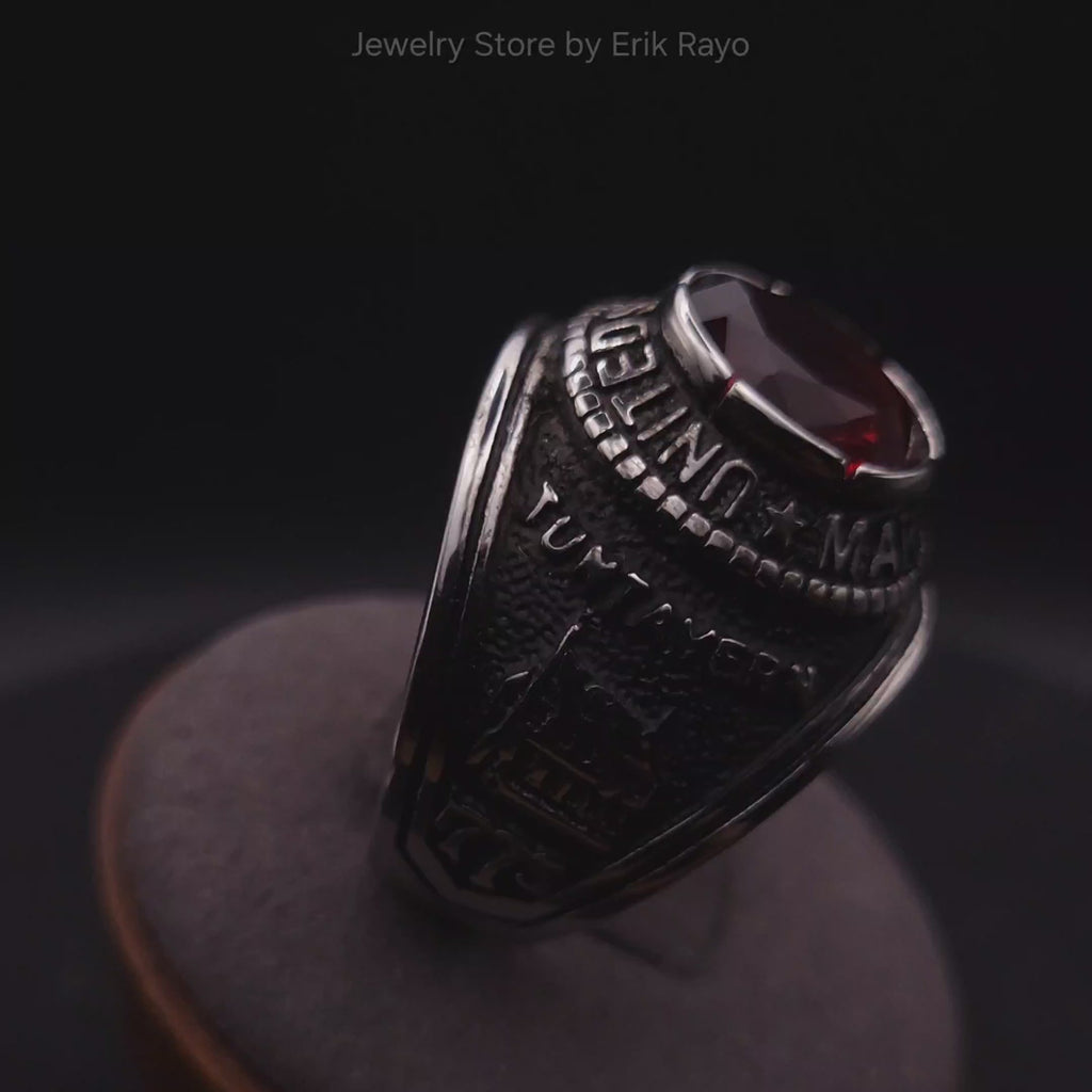 US Marines Ring for Men Women Unisex Stainless Steel Military Ring in Silver with Red Stone Rock