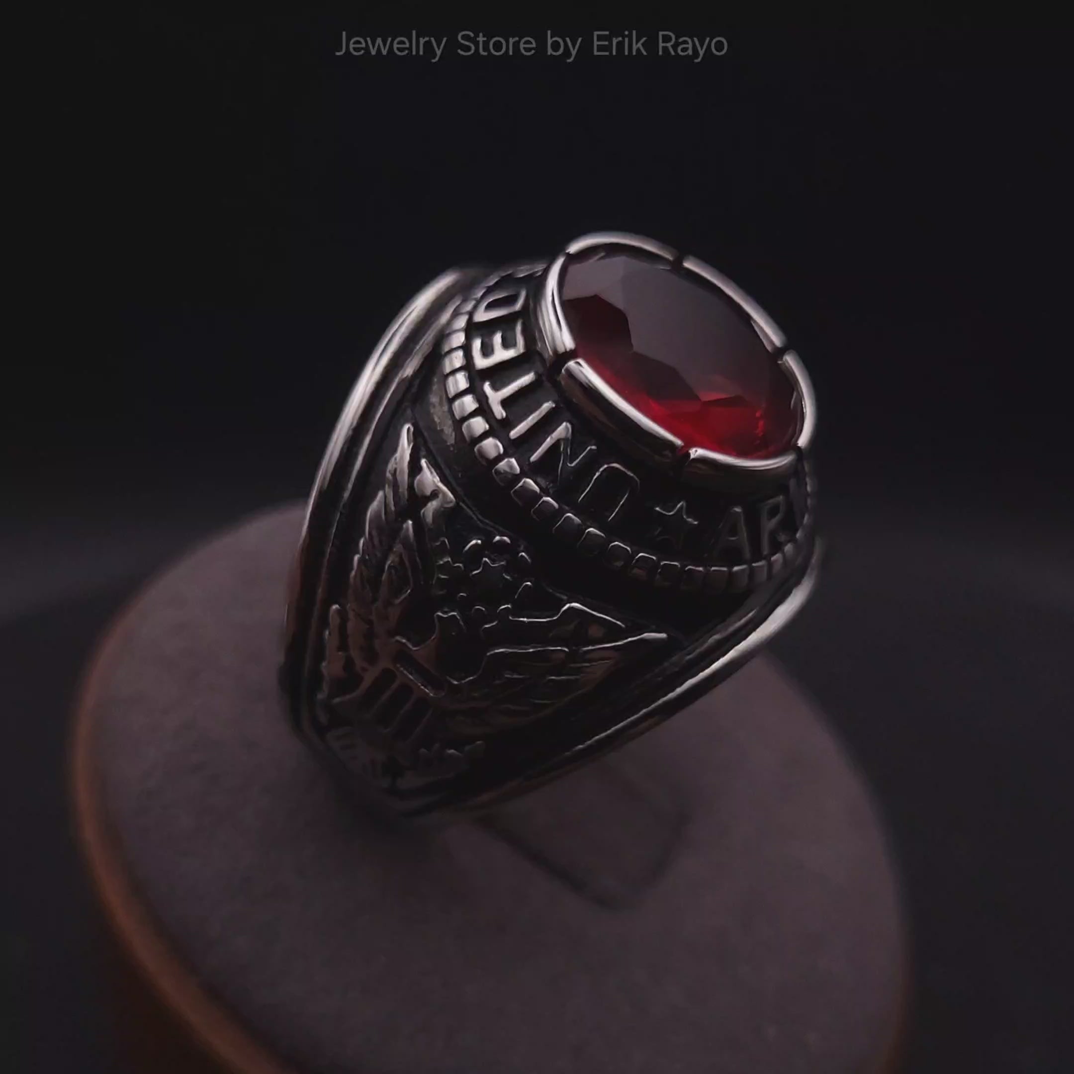 US Army Ring for Men and Women Unisex Stainless Steel Military Patriotic Ring in Silver with Red Stone