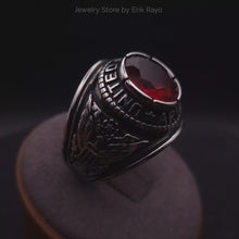 Load and play video in Gallery viewer, US Army Ring for Men and Women Unisex Stainless Steel Military Patriotic Ring in Silver with Red Stone
