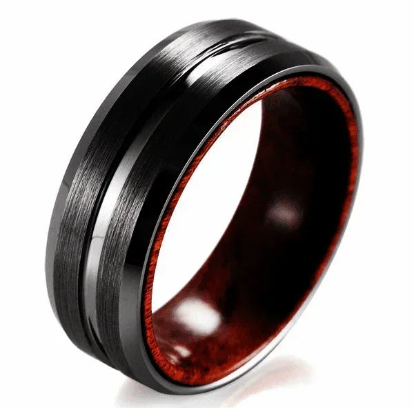 Men's Wedding Band Ring - Black Grooved Line with Koa Wood Inlay - Perfect for Weddings and Special Occasions - Jewelry Store by Erik Rayo