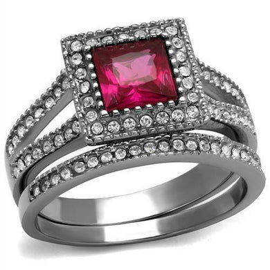 Red Ruby CZ Stainless Steel Princess Halo Wedding Promise 2 Rings Set 3.2ct - Jewelry Store by Erik Rayo