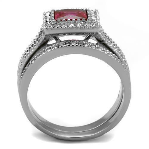 Red Ruby CZ Stainless Steel Princess Halo Wedding Promise 2 Rings Set 3.2ct - Jewelry Store by Erik Rayo