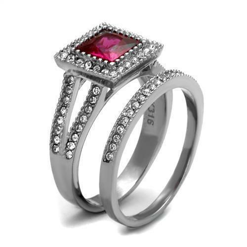Red Ruby CZ Stainless Steel Princess Halo Wedding Promise 2 Rings Set 3.2ct - Jewelry Store by Erik Rayo