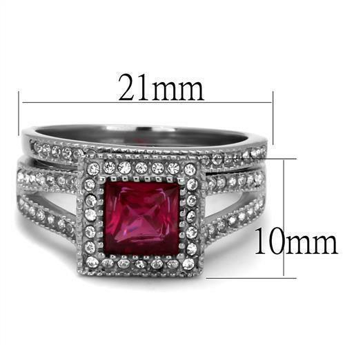 Red Ruby CZ Stainless Steel Princess Halo Wedding Promise 2 Rings Set 3.2ct - Jewelry Store by Erik Rayo