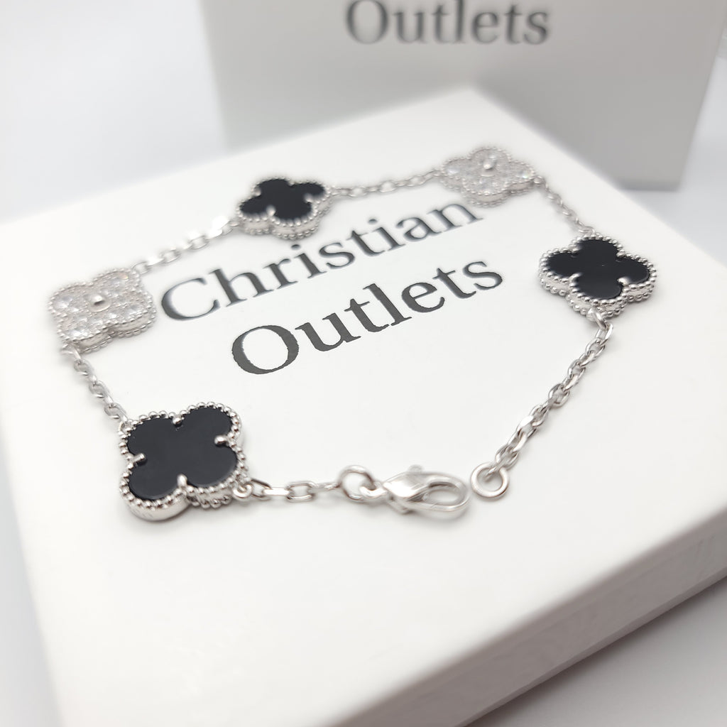 925 Silver Black and Silver Clover Bracelets with Royalty for Men and Women 6" 7" and 8" Inches Adjustable - Jewelry Store by Erik Rayo