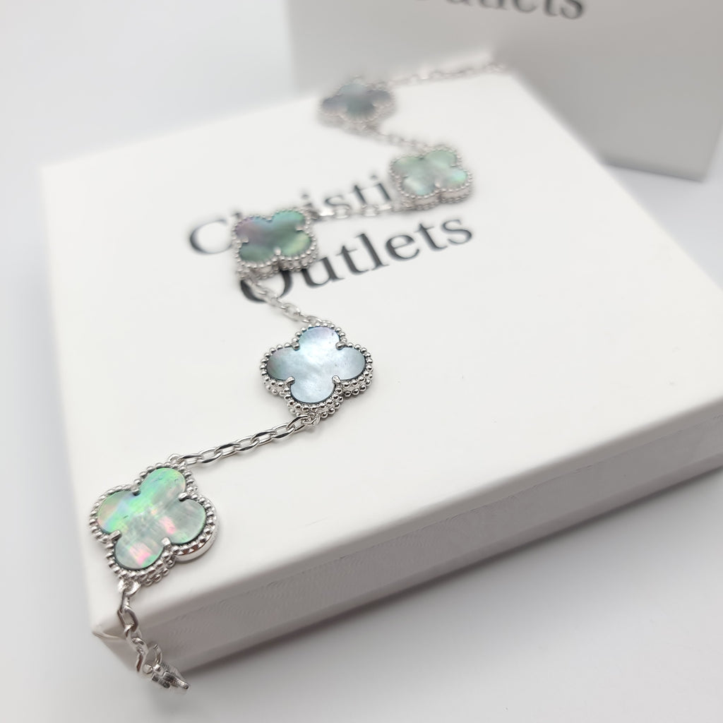 925 Silver Black Mother of Pearl Clover Bracelets for Men and Women 6" 7" and 8" Inches Adjustable - Jewelry Store by Erik Rayo