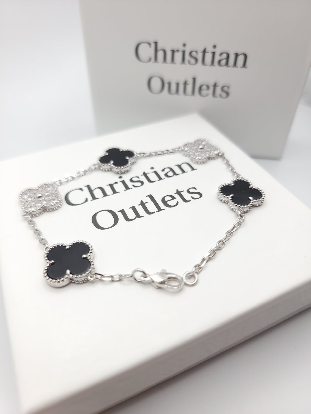 925 Silver Black and Silver Clover Bracelets with Royalty for Men and Women 6" 7" and 8" Inches Adjustable - Jewelry Store by Erik Rayo