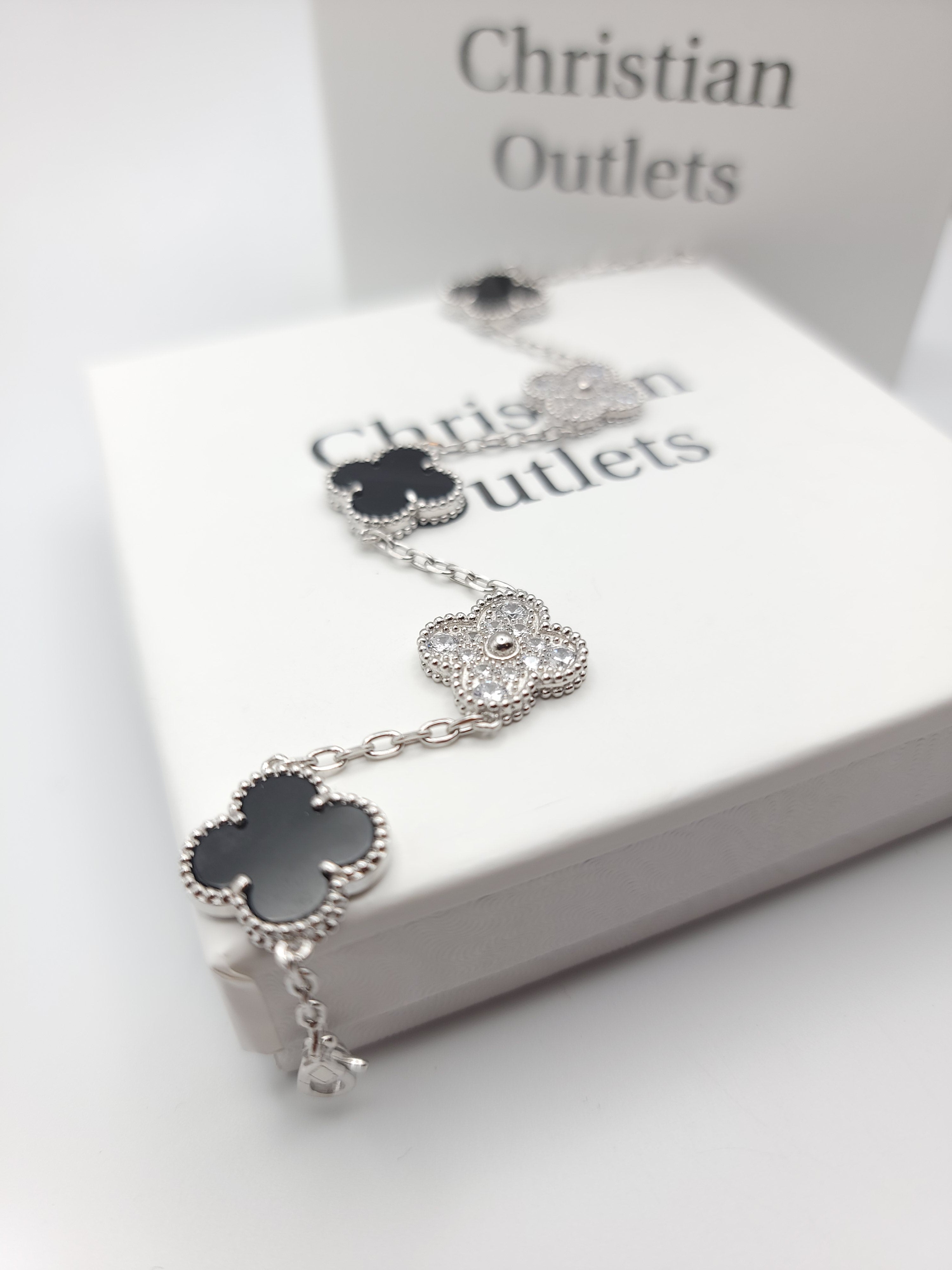 925 Silver Black and Silver Clover Bracelets with Royalty for Men and Women 6" 7" and 8" Inches Adjustable - Jewelry Store by Erik Rayo