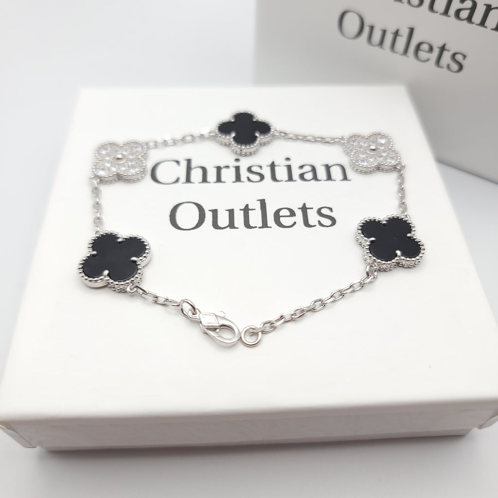 925 Silver Black and Silver Clover Bracelets with Royalty for Men and Women 6" 7" and 8" Inches Adjustable - Jewelry Store by Erik Rayo