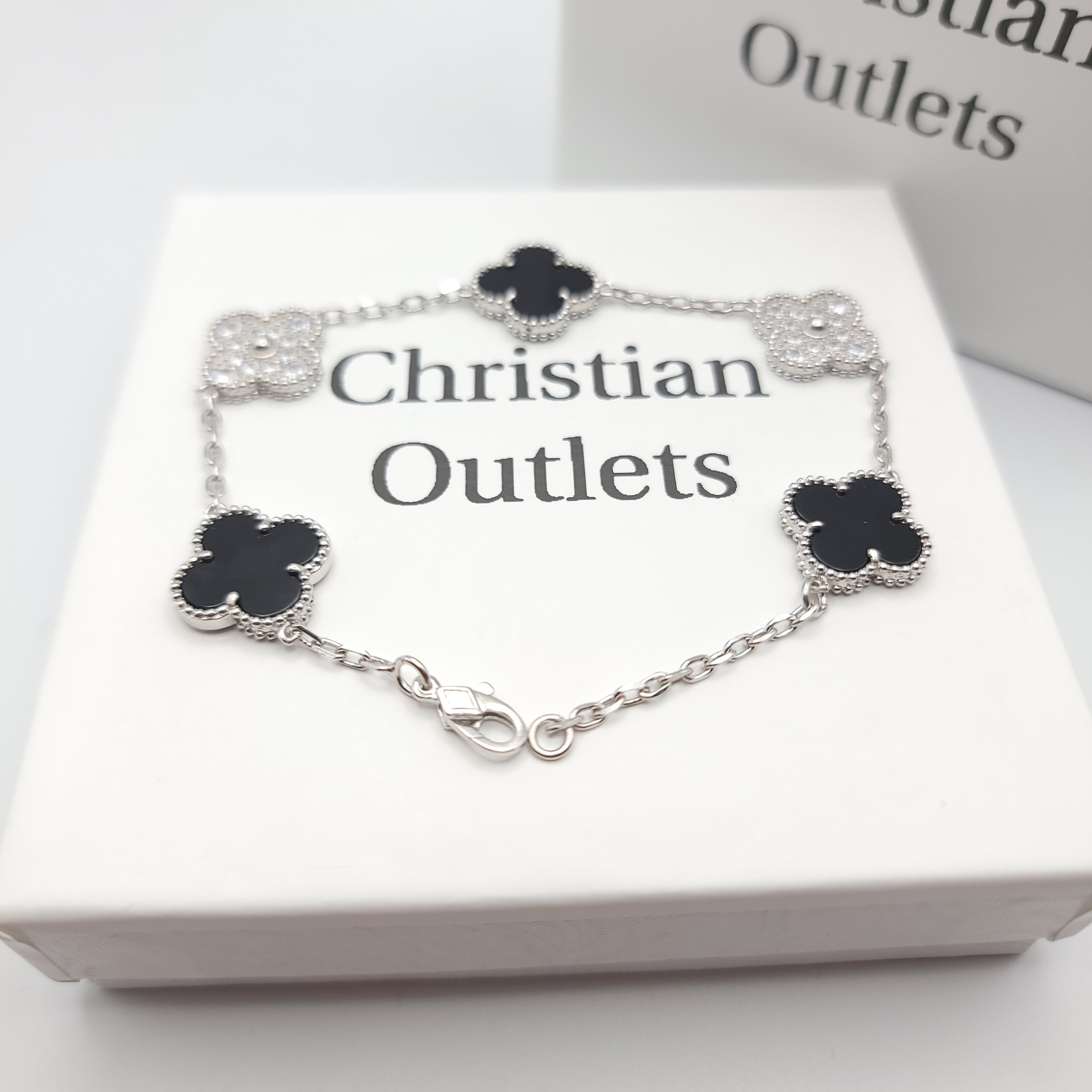 925 Silver Black and Silver Clover Bracelets with Royalty for Men and Women 6" 7" and 8" Inches Adjustable - Jewelry Store by Erik Rayo