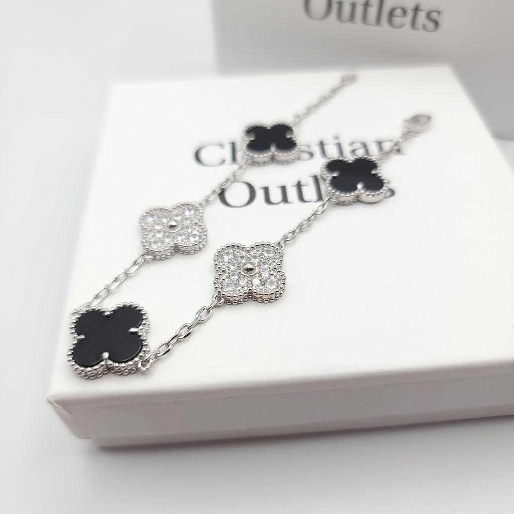 925 Silver Black and Silver Clover Bracelets with Royalty for Men and Women 6" 7" and 8" Inches Adjustable - Jewelry Store by Erik Rayo