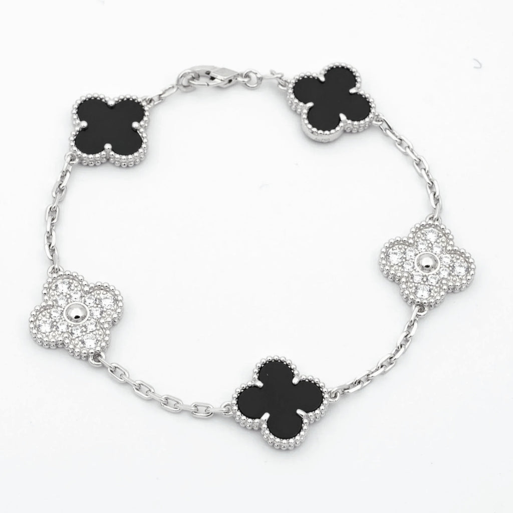 925 Silver Black and Silver Clover Bracelets with Royalty for Men and Women 6" 7" and 8" Inches Adjustable - Jewelry Store by Erik Rayo