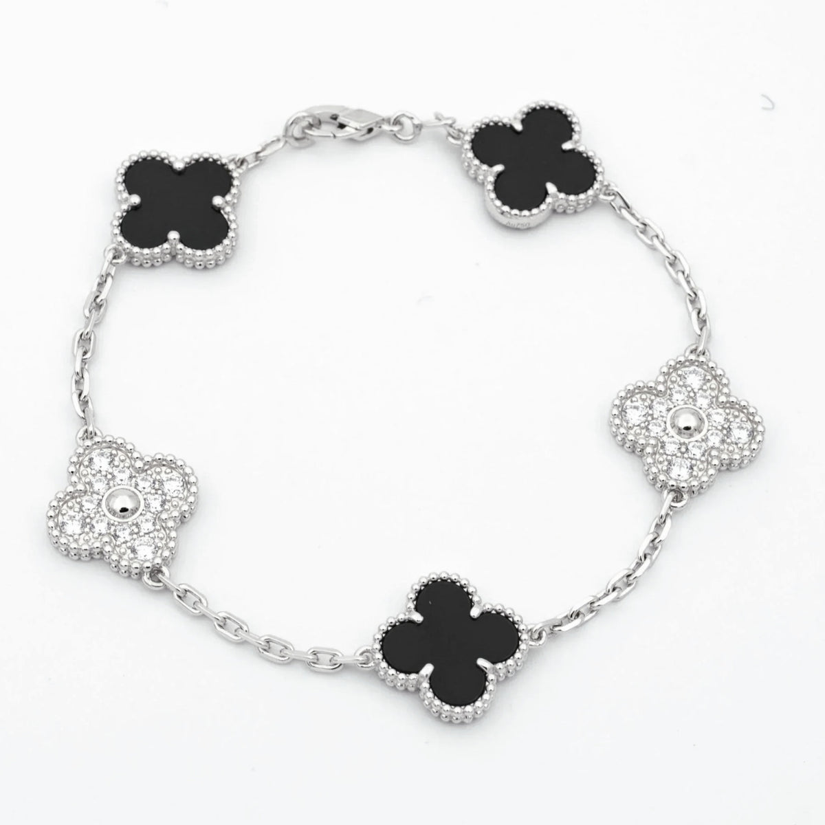 925 Silver Black and Silver Clover Bracelets with Royalty for Men and Women 6" 7" and 8" Inches Adjustable - Jewelry Store by Erik Rayo