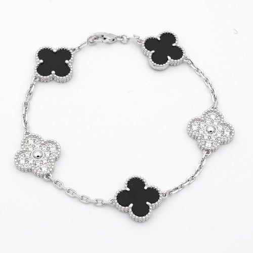 925 Silver Black and Silver Clover Bracelets with Royalty for Men and Women 6" 7" and 8" Inches Adjustable - Jewelry Store by Erik Rayo
