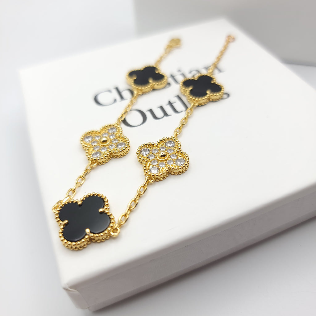 925 Silver Black Royalty Clover Bracelets for Men and Women 6" 7" and 8" Inches Adjustable - Jewelry Store by Erik Rayo