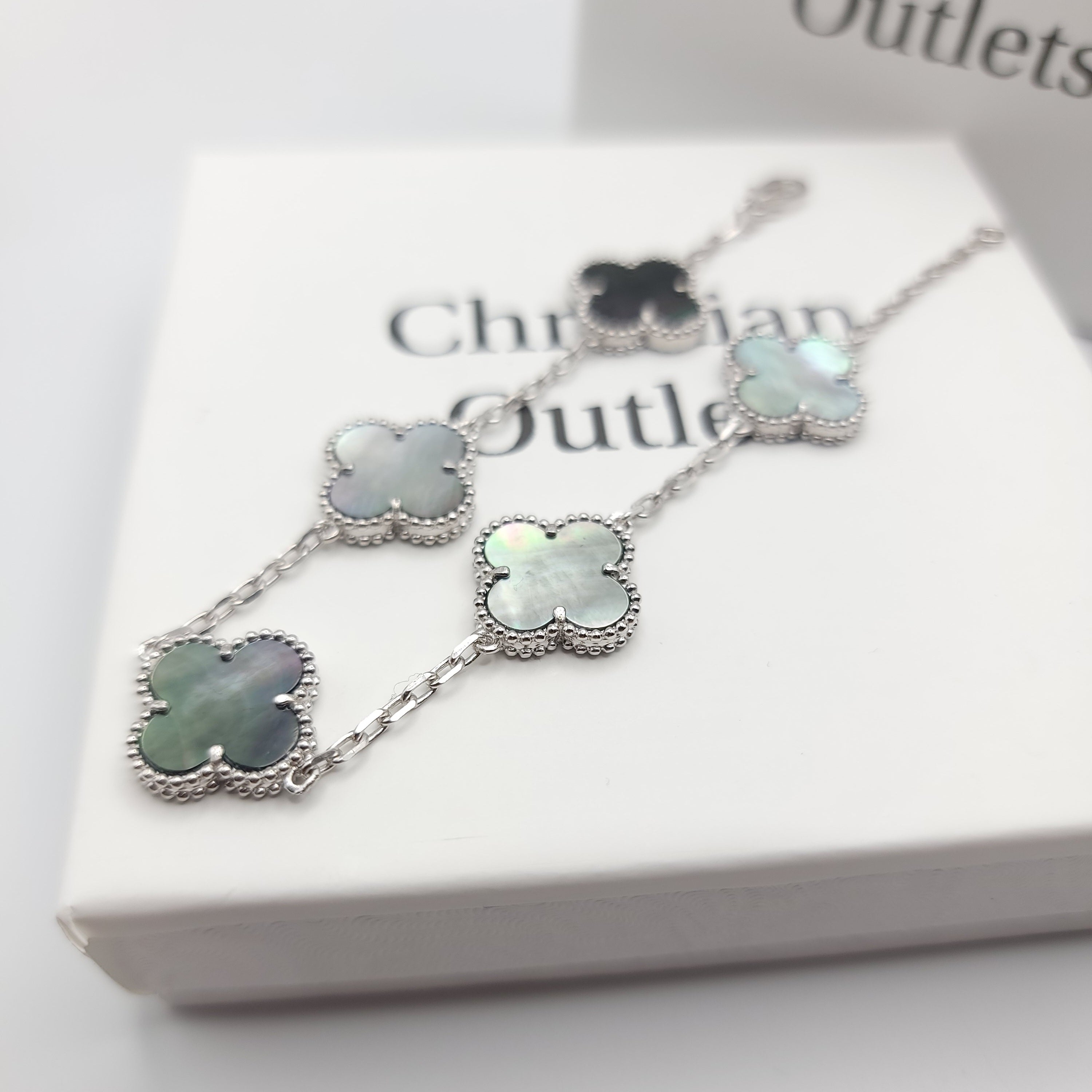 925 Silver Black Mother of Pearl Clover Bracelets for Men and Women 6" 7" and 8" Inches Adjustable - Jewelry Store by Erik Rayo