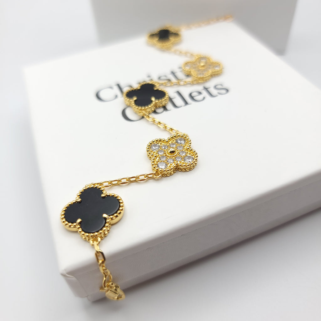 925 Silver Black Royalty Clover Bracelets for Men and Women 6" 7" and 8" Inches Adjustable - Jewelry Store by Erik Rayo