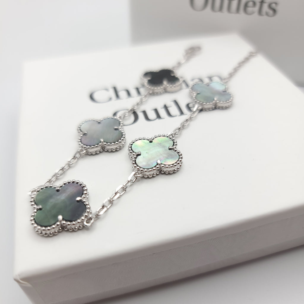925 Silver Black Mother of Pearl Clover Bracelets for Men and Women 6" 7" and 8" Inches Adjustable - Jewelry Store by Erik Rayo