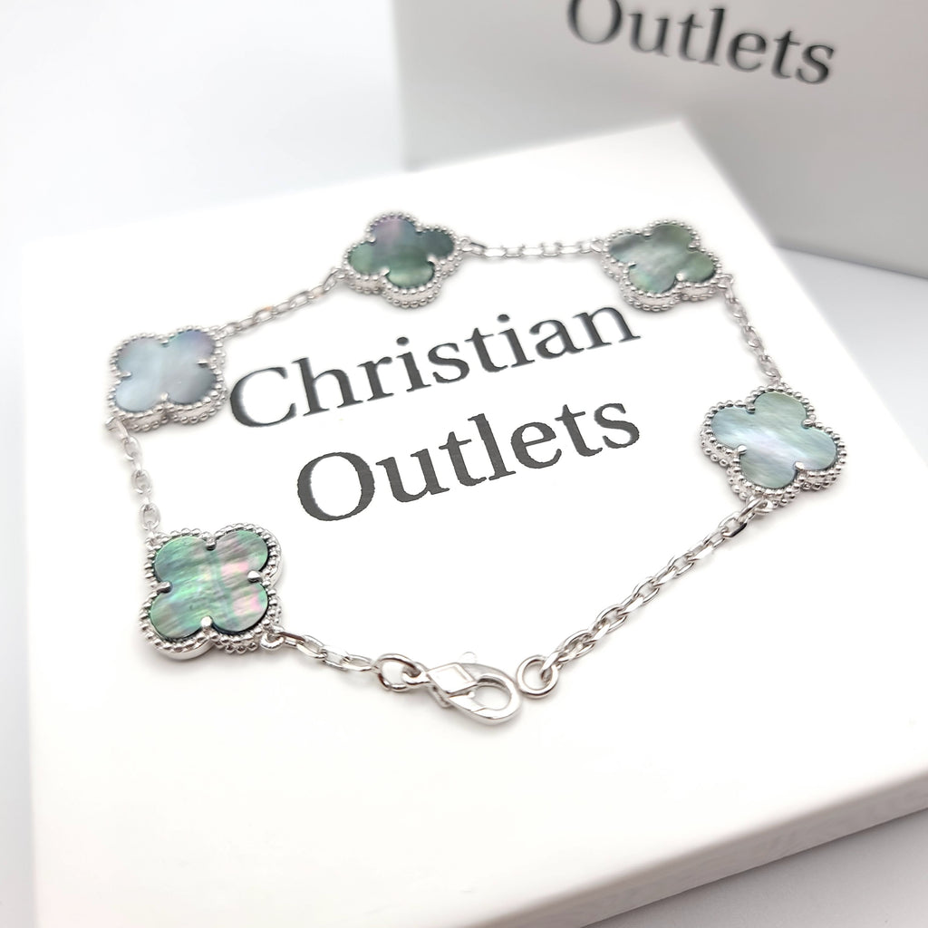 925 Silver Black Mother of Pearl Clover Bracelets for Men and Women 6" 7" and 8" Inches Adjustable - Jewelry Store by Erik Rayo