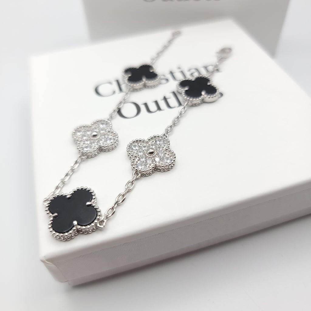 925 Silver Black and Silver Clover Bracelets with Royalty for Men and Women 6" 7" and 8" Inches Adjustable - Jewelry Store by Erik Rayo