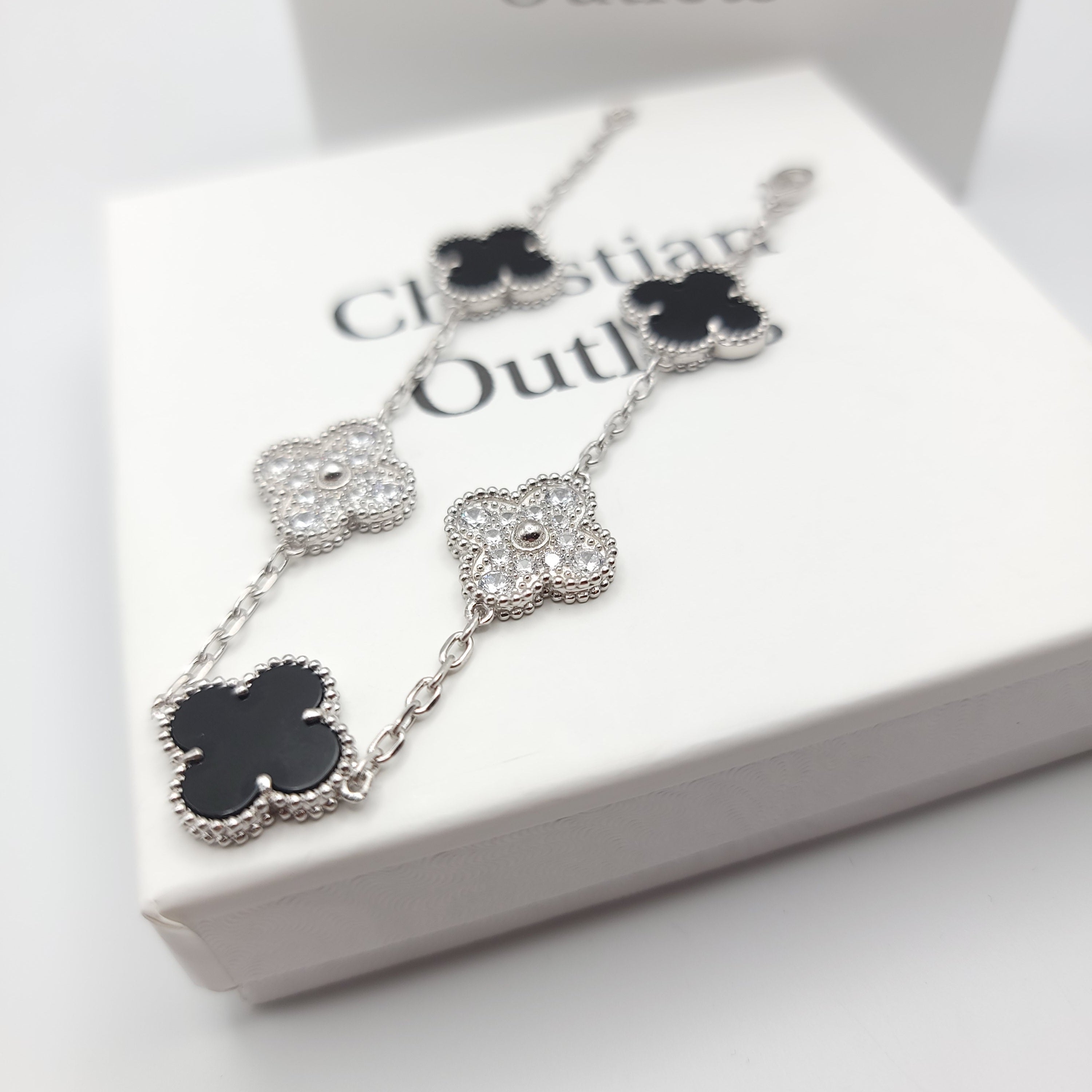 925 Silver Black and Silver Clover Bracelets with Royalty for Men and Women 6" 7" and 8" Inches Adjustable - Jewelry Store by Erik Rayo