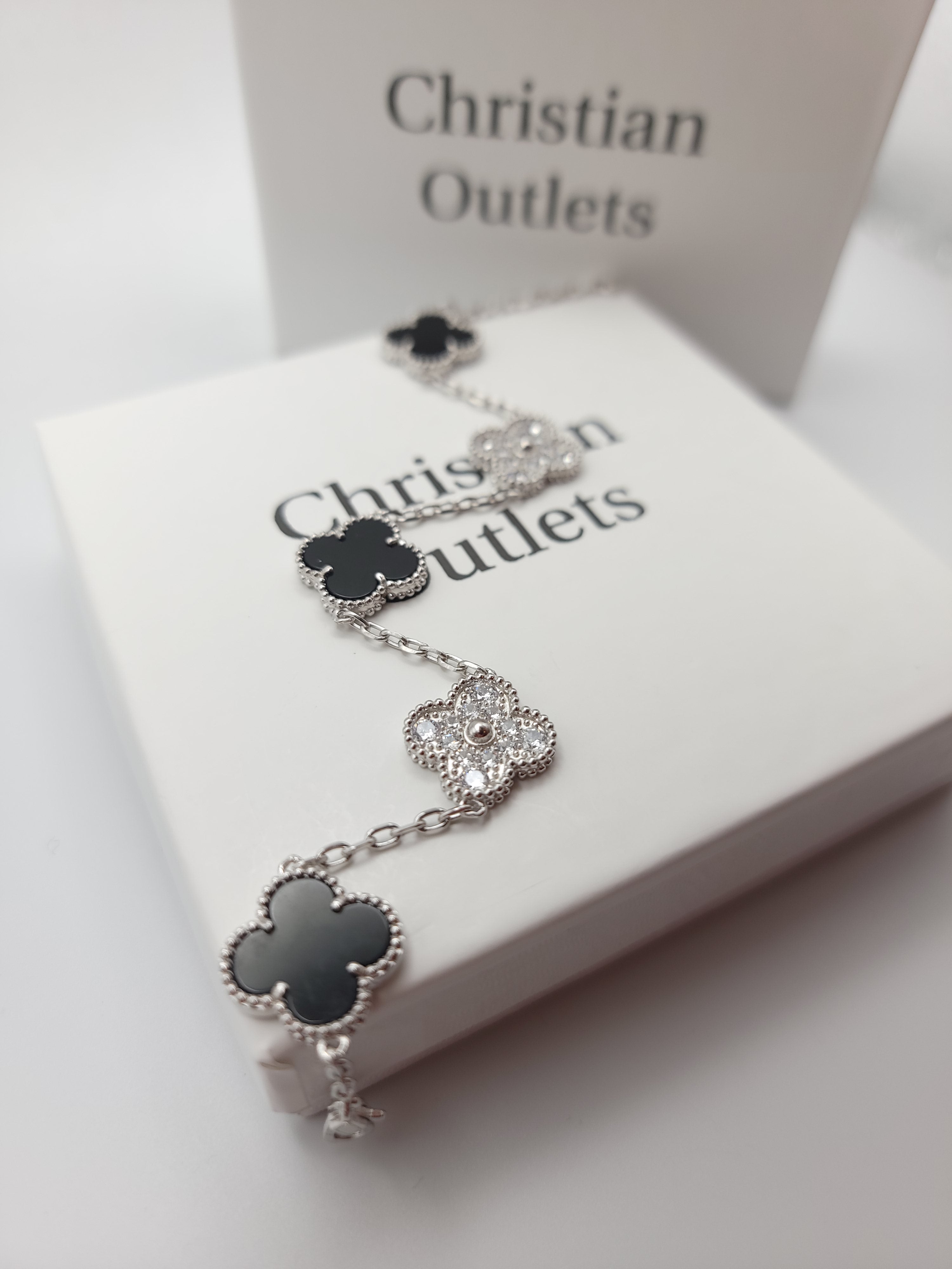 925 Silver Black and Silver Clover Bracelets with Royalty for Men and Women 6" 7" and 8" Inches Adjustable - Jewelry Store by Erik Rayo