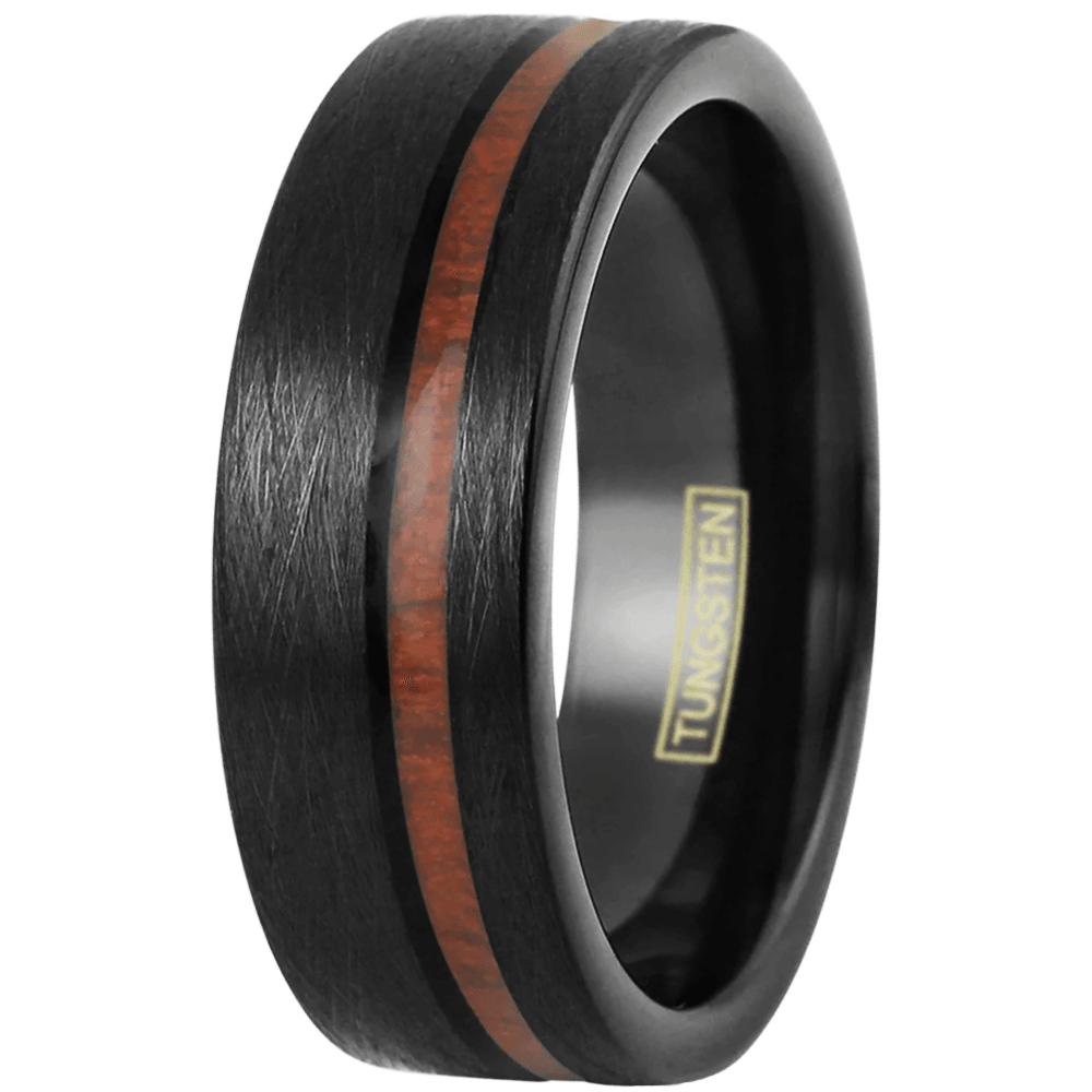 Black Wedding Band Ring with Koa Wood in Brushed Finish - Unisex - Jewelry Store by Erik Rayo