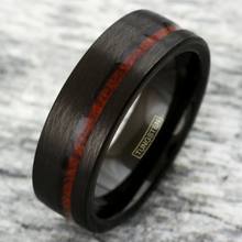 Load image into Gallery viewer, Black Wedding Band Ring with Koa Wood in Brushed Finish - Unisex
