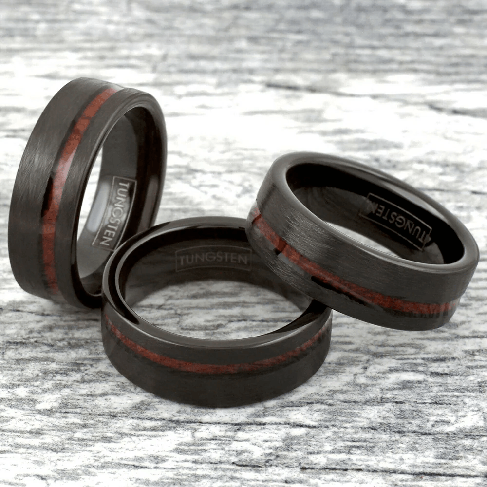 Black Wedding Band Ring with Koa Wood in Brushed Finish - Unisex - Jewelry Store by Erik Rayo