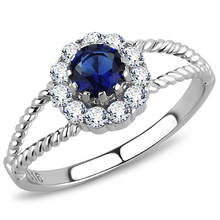 Load image into Gallery viewer, Round Dark Blue Sapphire cz Halo Stainless Steel Wedding Promise Cocktail Ring - Jewelry Store by Erik Rayo
