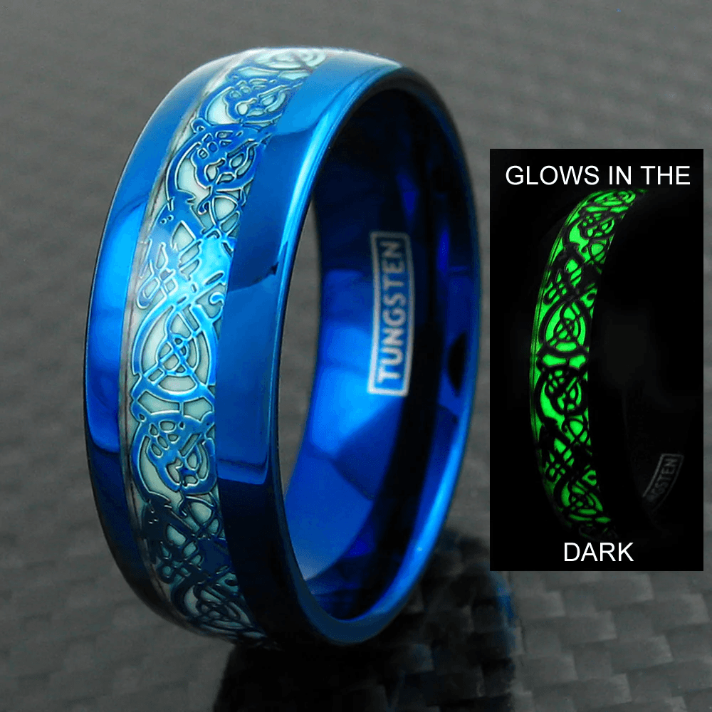 Unique Blue Glow in Dark Dragon Tungsten Carbide Wedding Band for Men & Women – Engagement Band for Him & Her - Jewelry Store by Erik Rayo