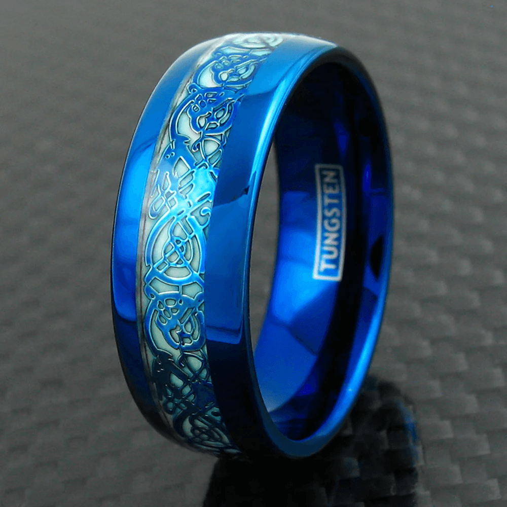 Unique Blue Glow in Dark Dragon Tungsten Carbide Wedding Band for Men & Women – Engagement Band for Him & Her - Jewelry Store by Erik Rayo