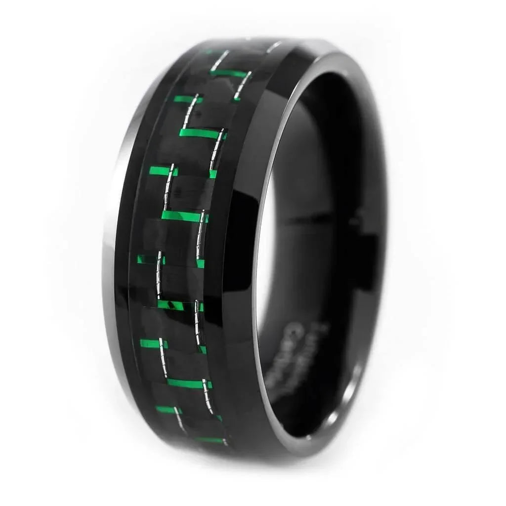 Men's Tungsten Carbide Wedding Band Rings - Black and Green Carbon Fiber - Wedding Rings for Men and Women - Jewelry Store by Erik Rayo