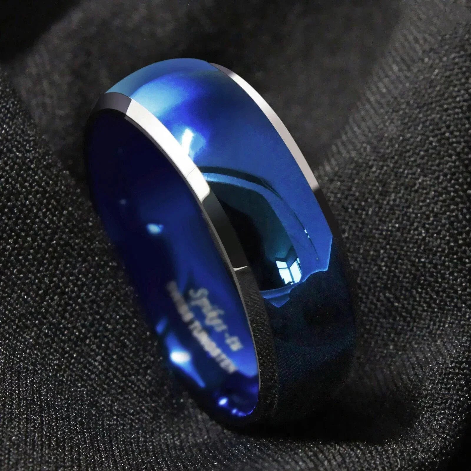 Men's Blue Domed Tungsten Carbide Wedding Band with Beveled Silver Edges - Men's and Women's Wedding Rings - Jewelry Store by Erik Rayo