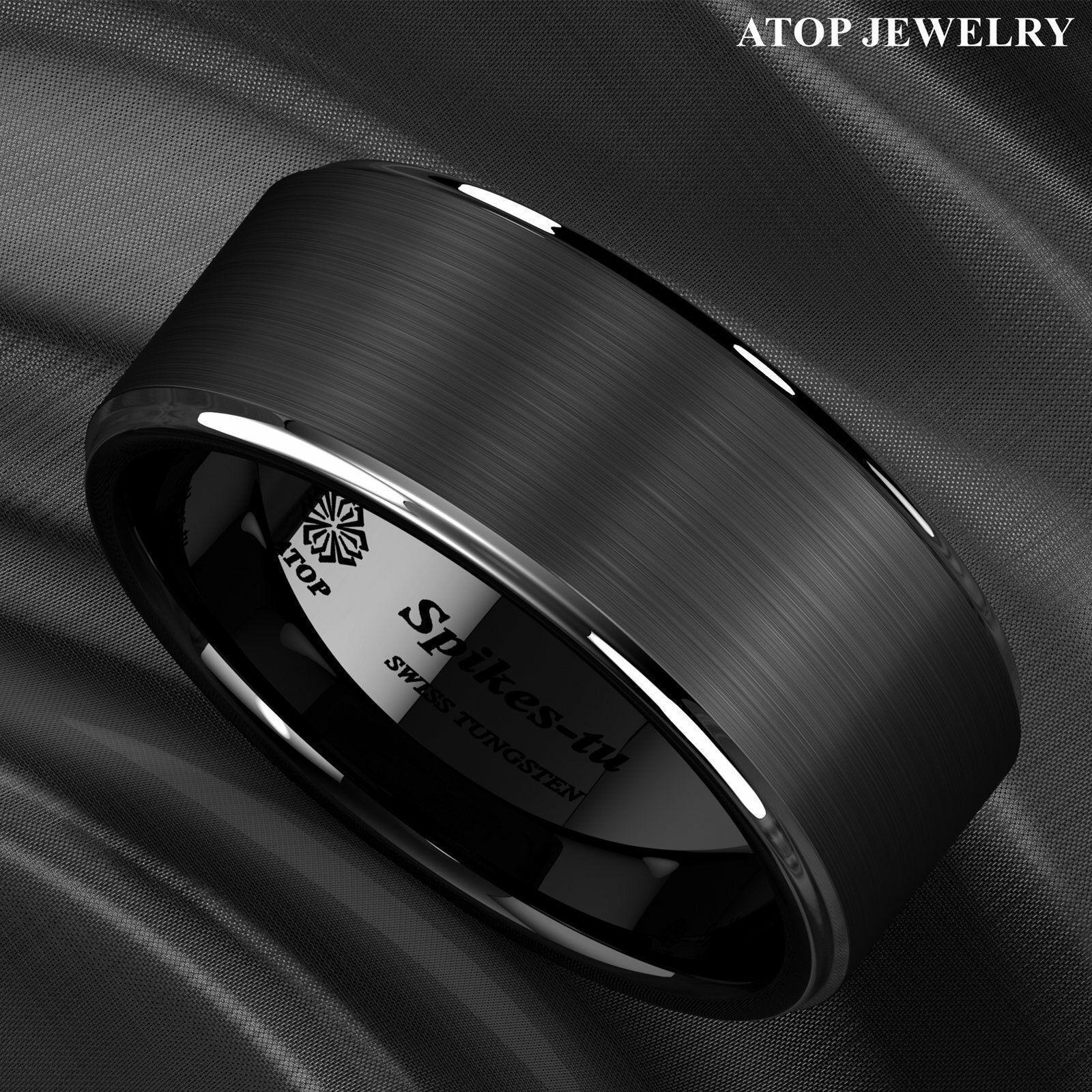 Men's Tungsten Carbide Wedding Band - Black Brushed Silver Stripe Ring for Men - Wedding Rings for Women and Men - Jewelry Store by Erik Rayo