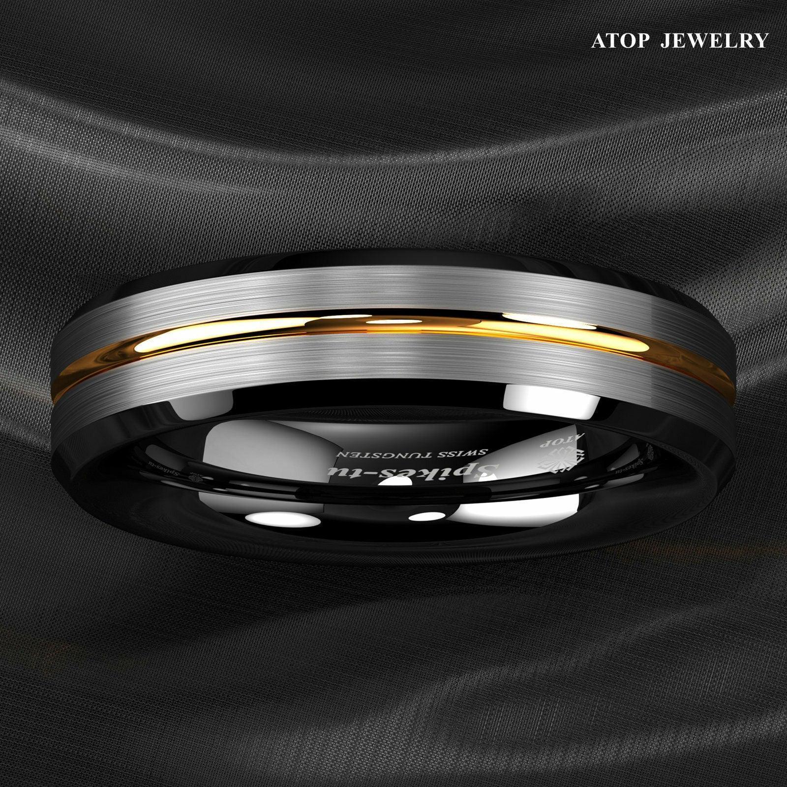 Mens Wedding Band 6mm Silver Brushed Black Edge Gold Line - Unisex Wedding Rings - Jewelry Store by Erik Rayo