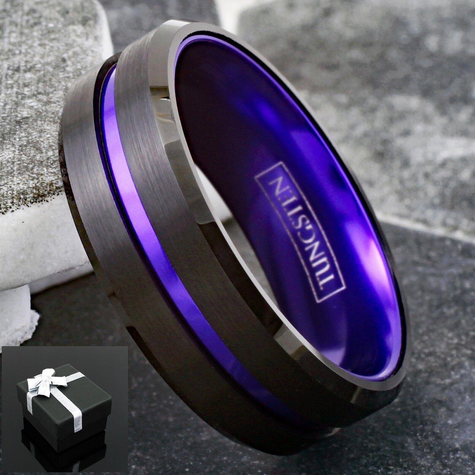 6mm Black Purple Stripe Wedding Band Ring for Men and Women - Jewelry Store by Erik Rayo