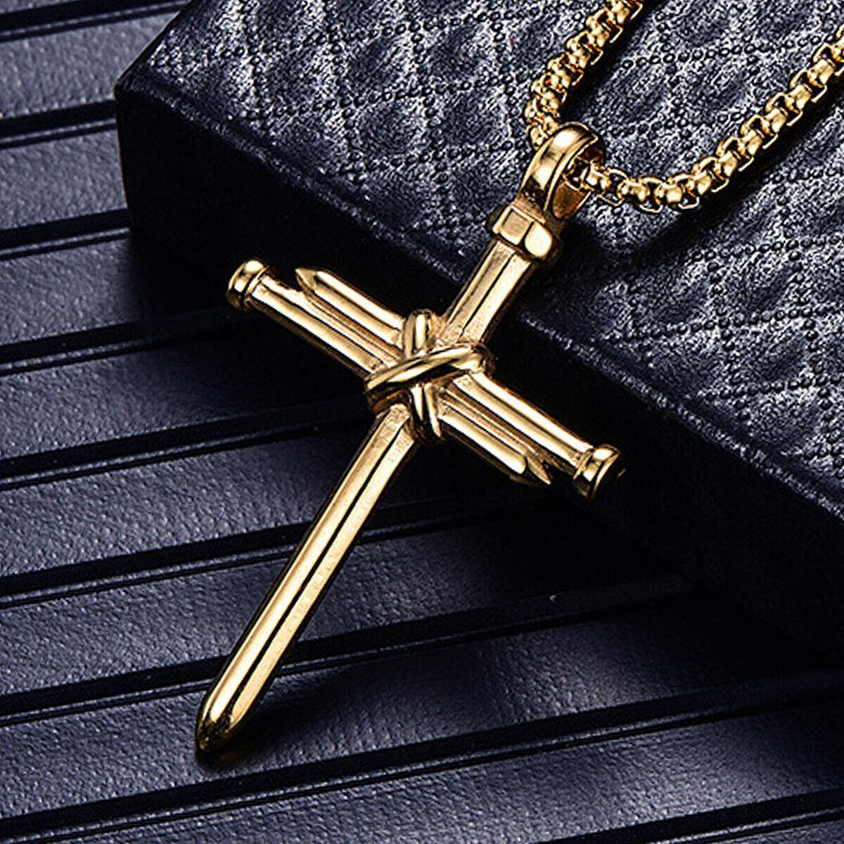 Cross Necklace for Men Nail Gold Pendant Necklace Chain 24 inch Stainless Steel