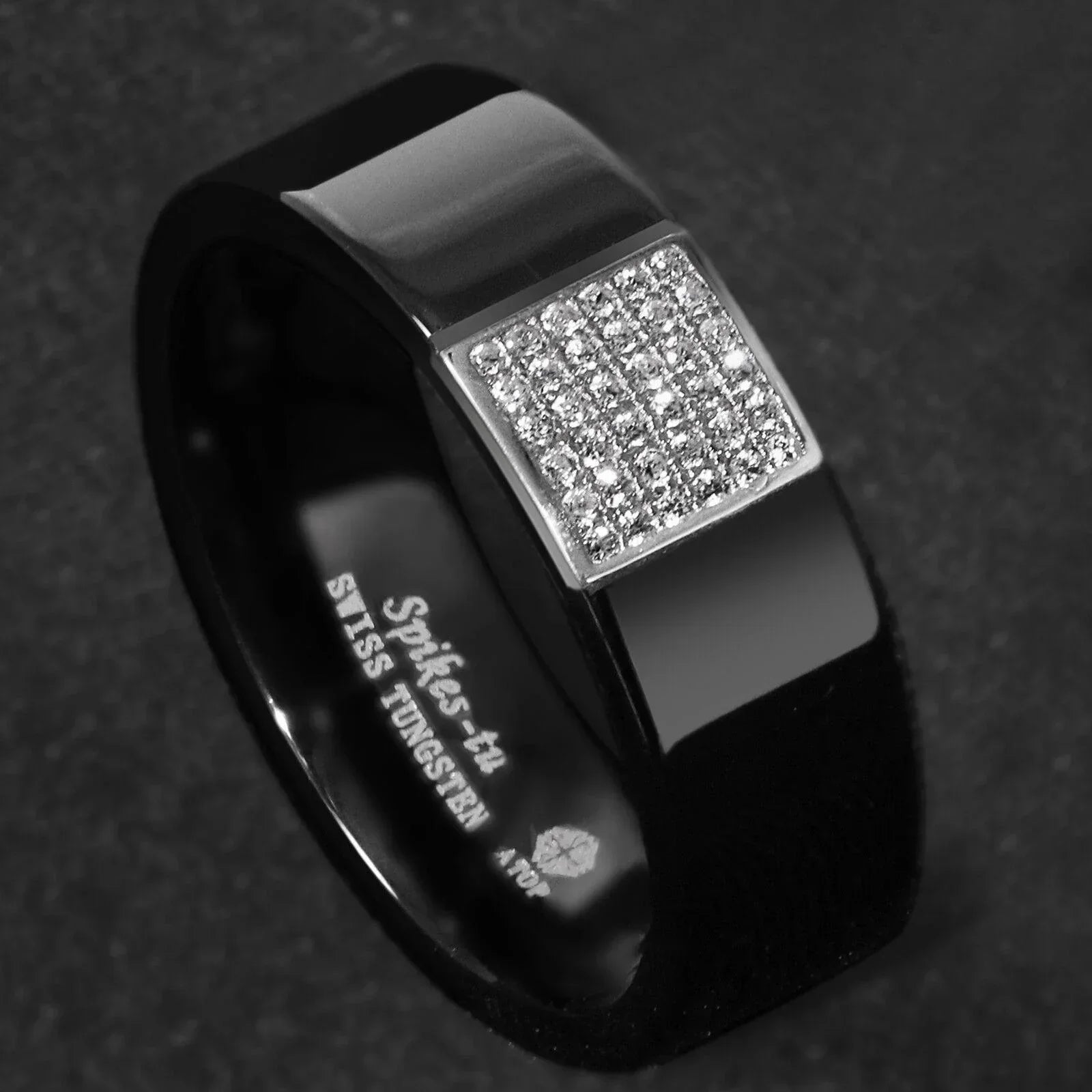 Tungsten Rings for Men Wedding Bands for Him Womens Wedding Bands for Her 8mm Black 925 Silver Inlay 36 Diamonds - Jewelry Store by Erik Rayo