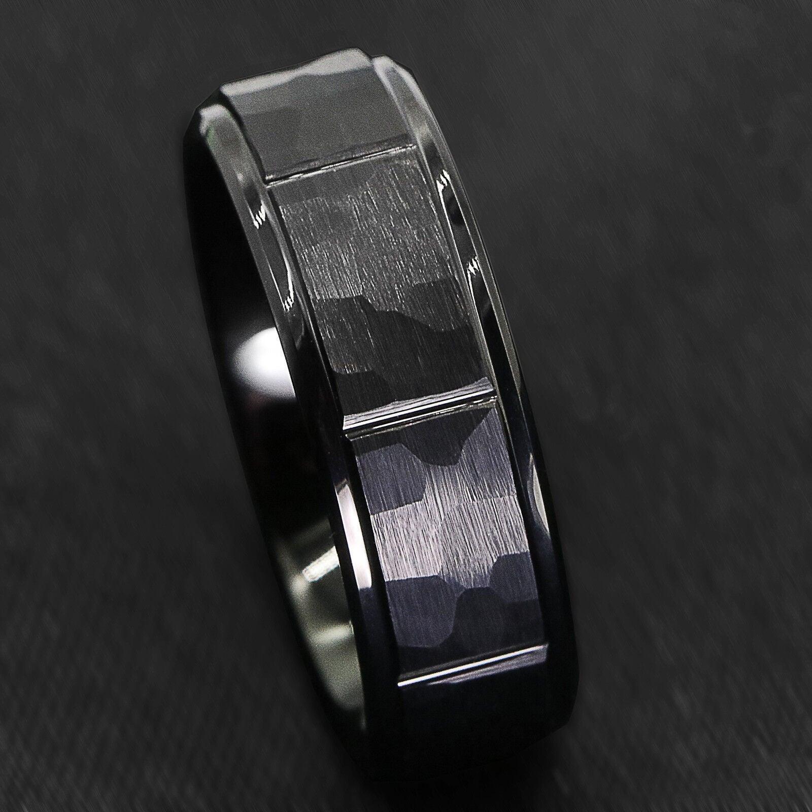 Tungsten Rings for Men Wedding Bands for Him Womens Wedding Bands for Her 8mm Black Brushed Rock Skin 3 Diamonds Inlay - Jewelry Store by Erik Rayo
