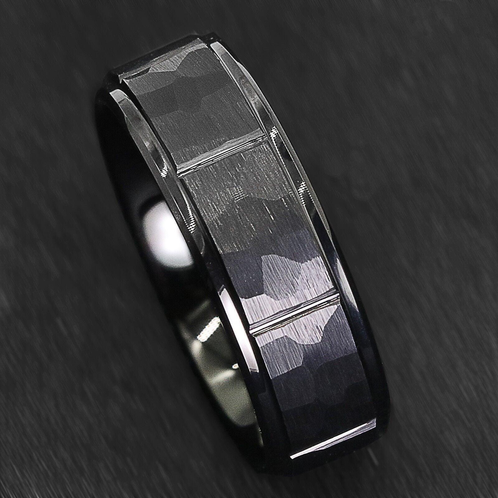 Tungsten Rings for Men Wedding Bands for Him Womens Wedding Bands for Her 8mm Black Brushed Rock Skin 3 Diamonds Inlay - Jewelry Store by Erik Rayo