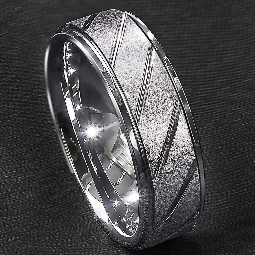 Tungsten Rings for Men Wedding Bands for Him Womens Wedding Bands for Her 8mm Silver Sandblasted Finish Groove - Jewelry Store by Erik Rayo