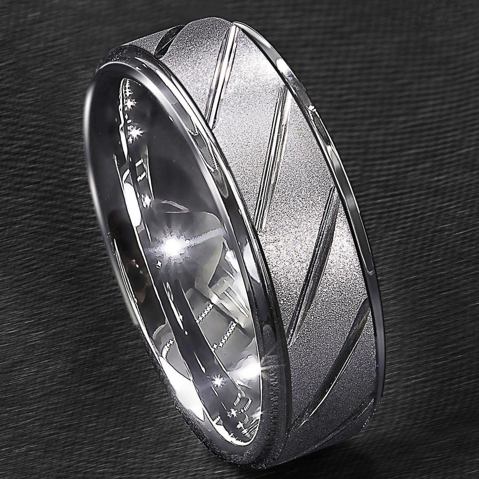 Tungsten Rings for Men Wedding Bands for Him Womens Wedding Bands for Her 8mm Silver Sandblasted Finish Groove - Jewelry Store by Erik Rayo