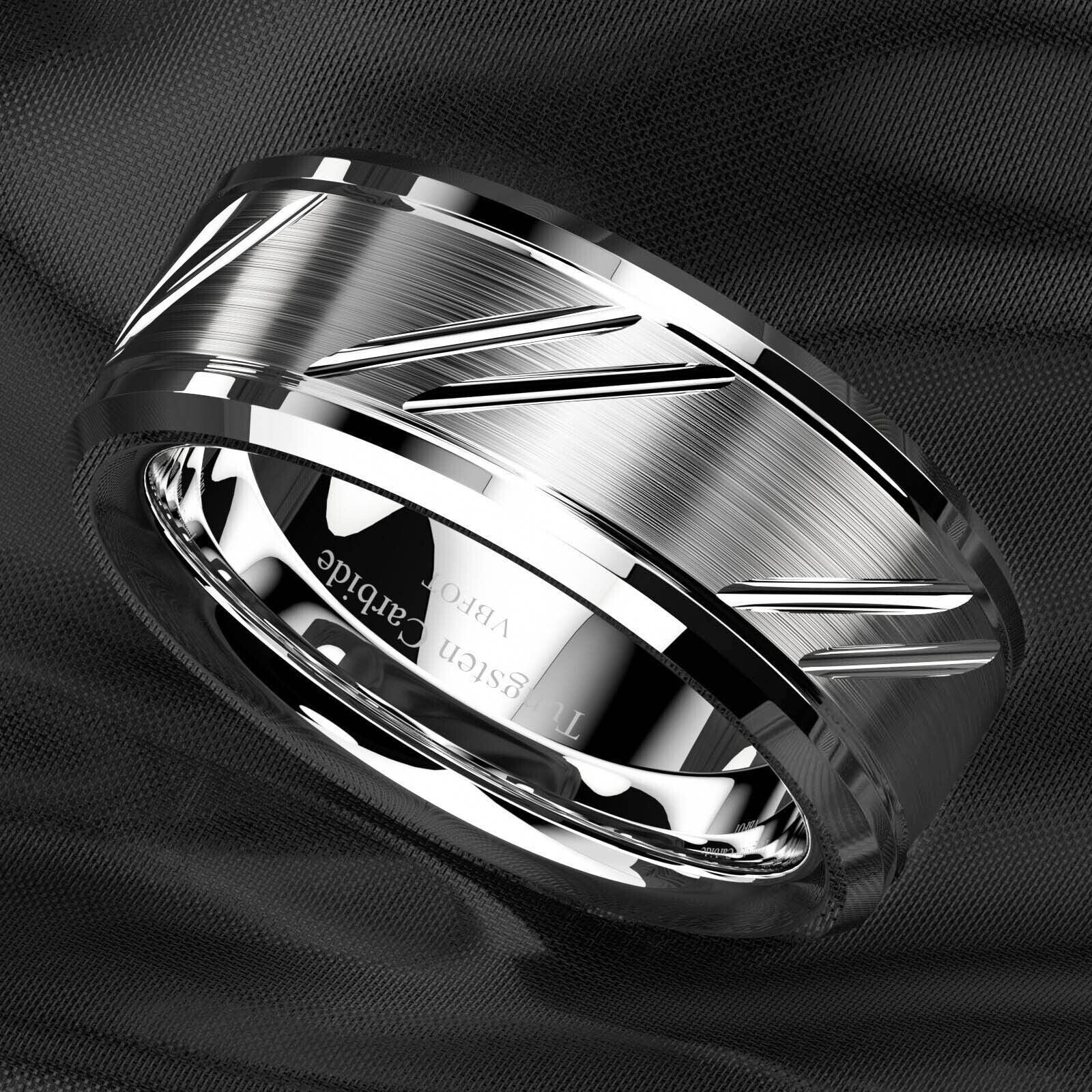 Tungsten Rings for Men Wedding Bands for Him Womens Wedding Bands for Her 8mm Silver Leaf New Brushed Style - Jewelry Store by Erik Rayo